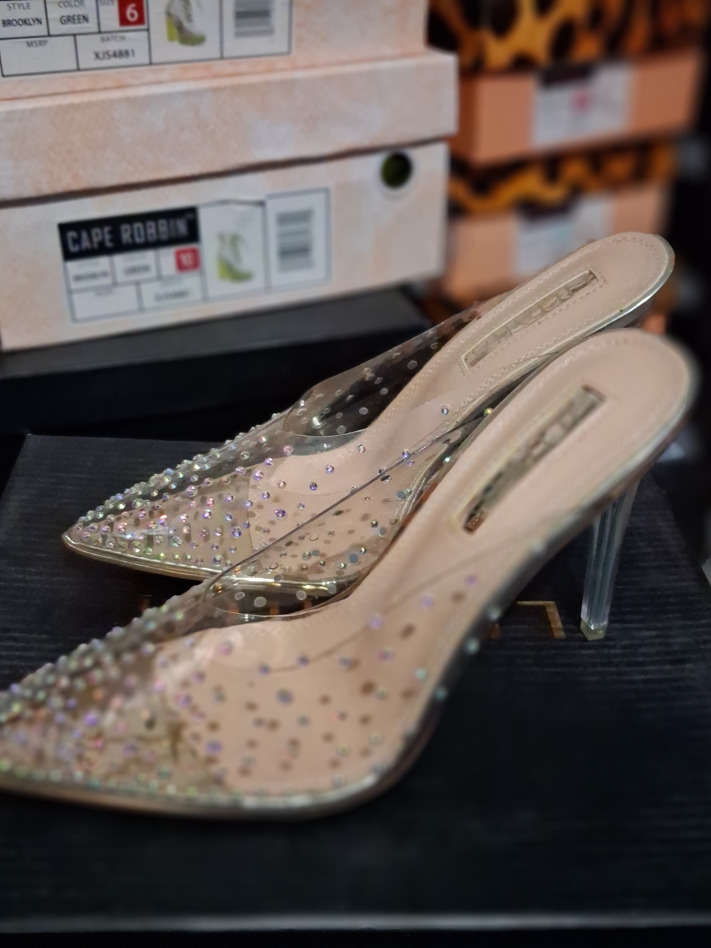 Liliana Clear Pointed Mule Heels with Nude Insole and Iridescent Rhinestones